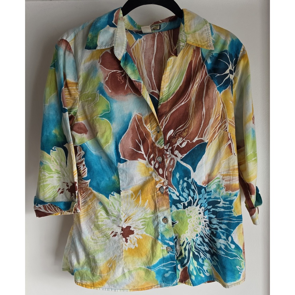 VTG Caribbean Joe Blouse Women M Floral Collared 3/4 Sleeve Cotton Resort Top